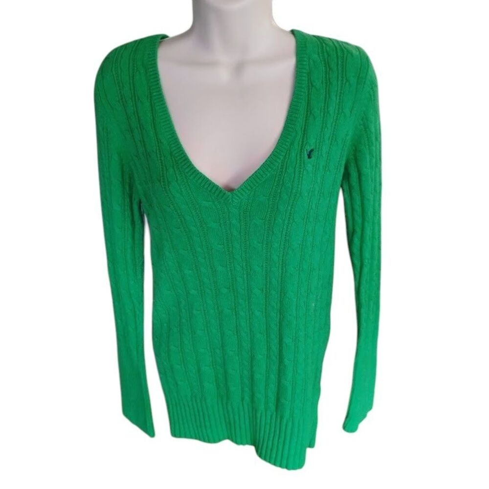 Y2k American Eagle XL V-Neck Green Cable Knit Sweater Pullover Cotton Wool 09